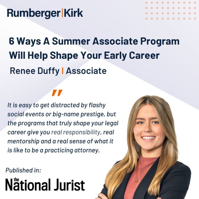✨ Not all summer associate programs are the same. ✨

RumbergerKirk associate Renee Duffy shared with The National Jurist the 6️⃣ things that made her experience unforgettable:

🙌 Real mentorship (not just assigned)
💡 A culture where questions are encouraged
🔥 Challenging, exciting work
👀 A culture you can see, not just hear about
🌱 A path for growth
🗣️ A seat at the table—your voice matters

Her best advice? Look for a program where you get to contribute, not just observe. 💼 Read the article at Rumberger.com/insights/ or click on link in bio. 

#RKSummerAssociates #CareerTips #RumbergerKirk